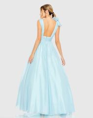 Light Blue Ruffle Shoulder V-Neck Chiffon Gown