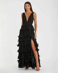 Black Sleeveless Ruffle Tiered V Neck Gown