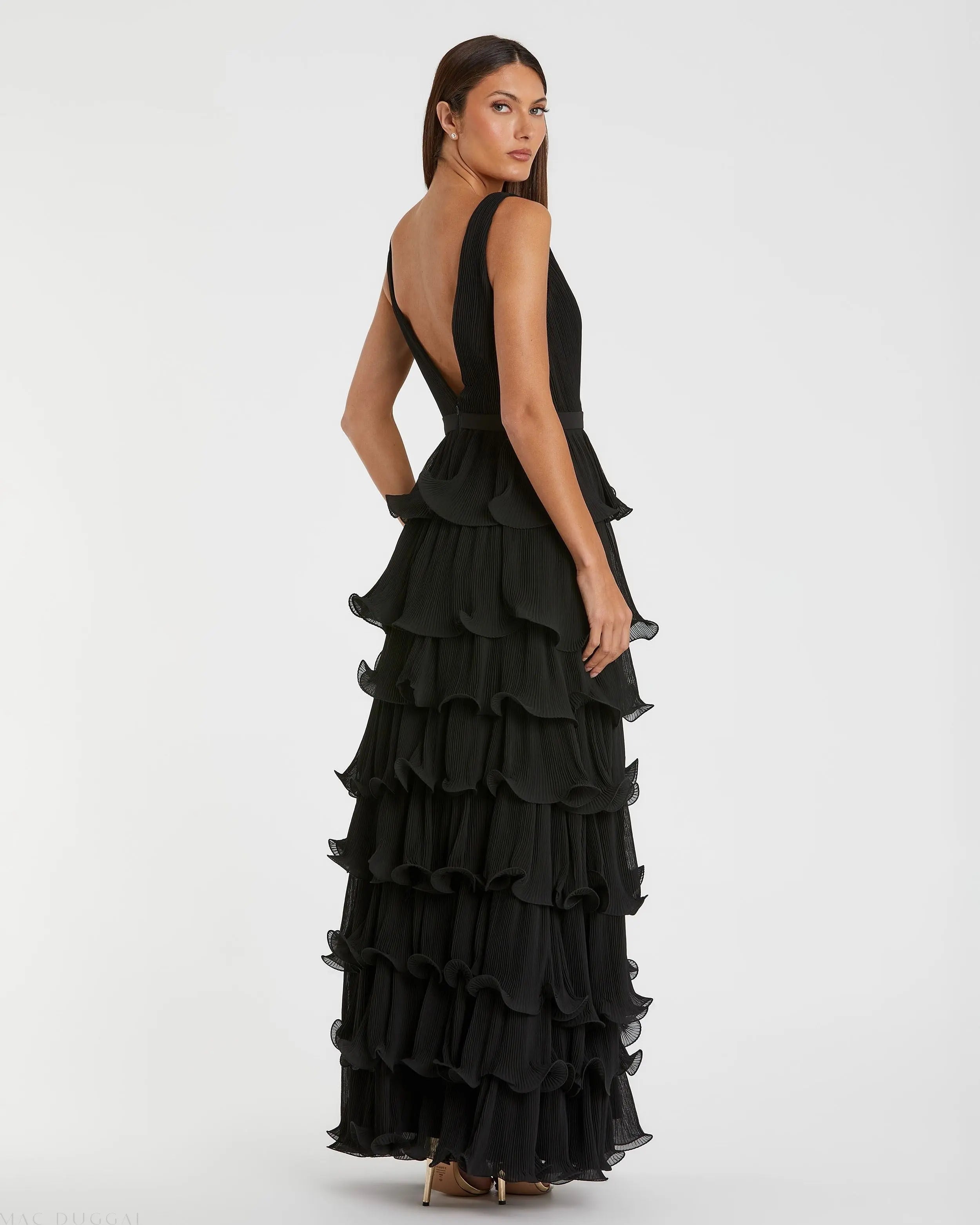Black Sleeveless Ruffle Tiered V Neck Gown