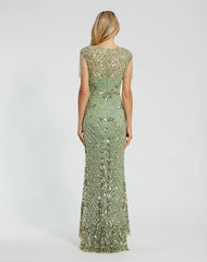 Green High Neck Sleeveless Beaded Fringe Fitted Gown