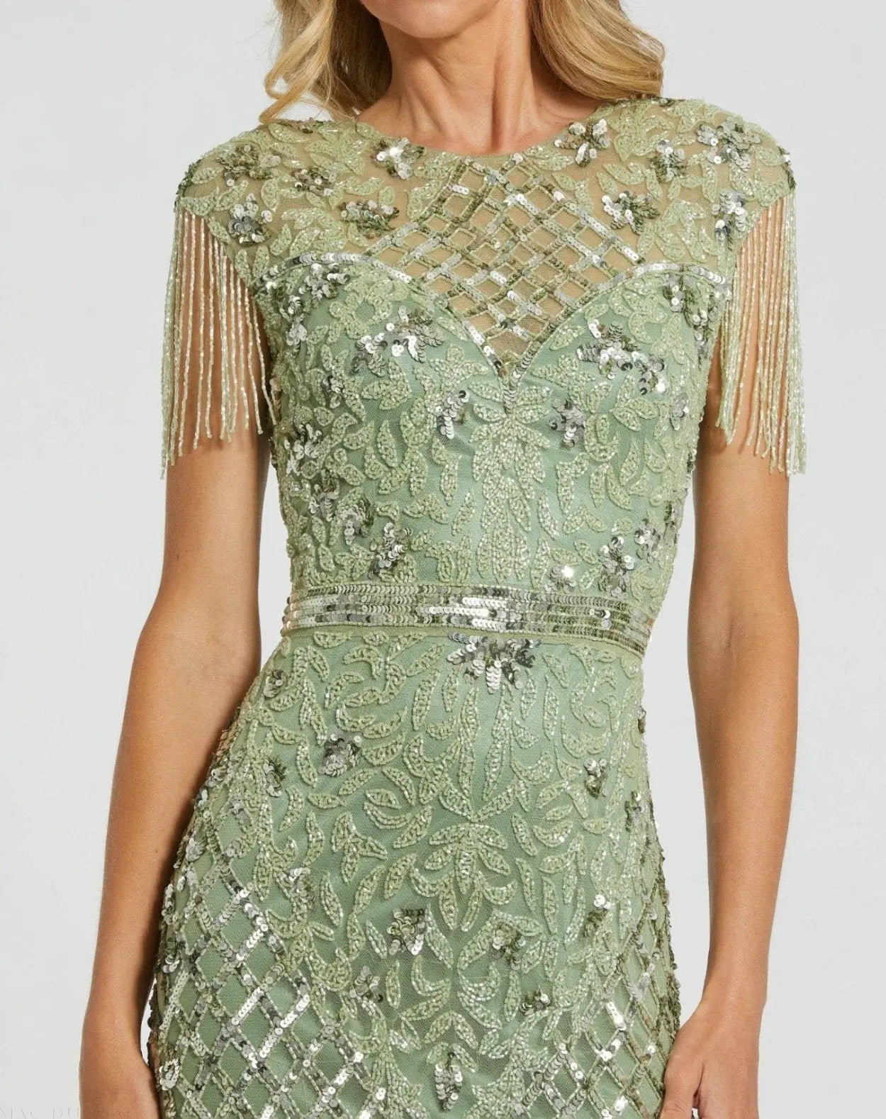 Green High Neck Sleeveless Beaded Fringe Fitted Gown