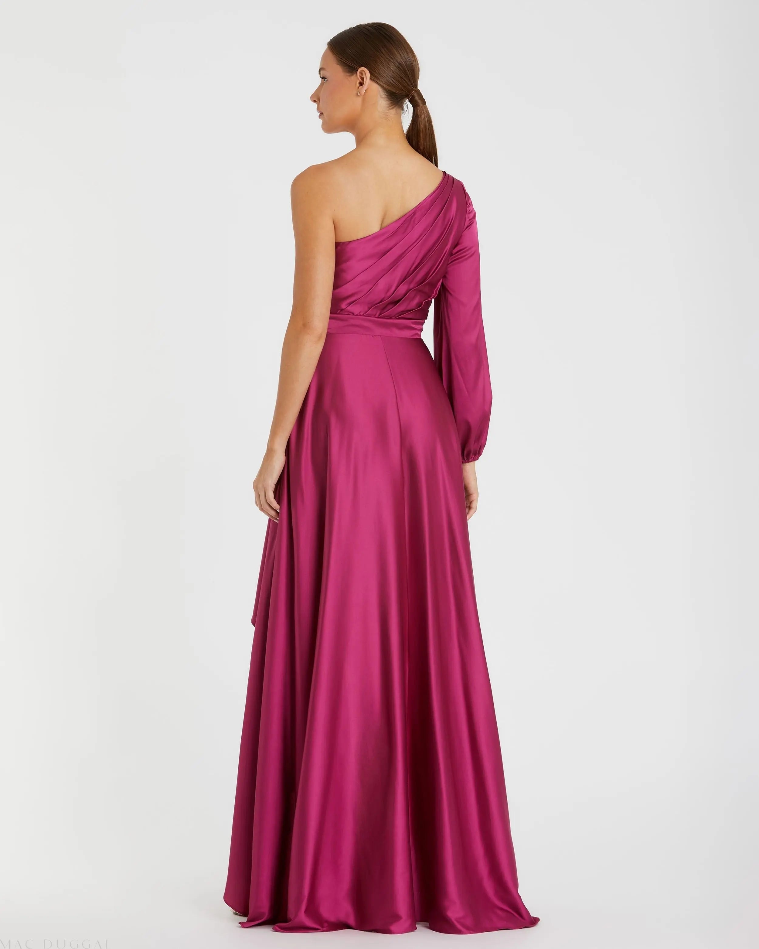 Purple Long Sleeve One Shoulder Satin High Low A-line Gown - FINAL SALE