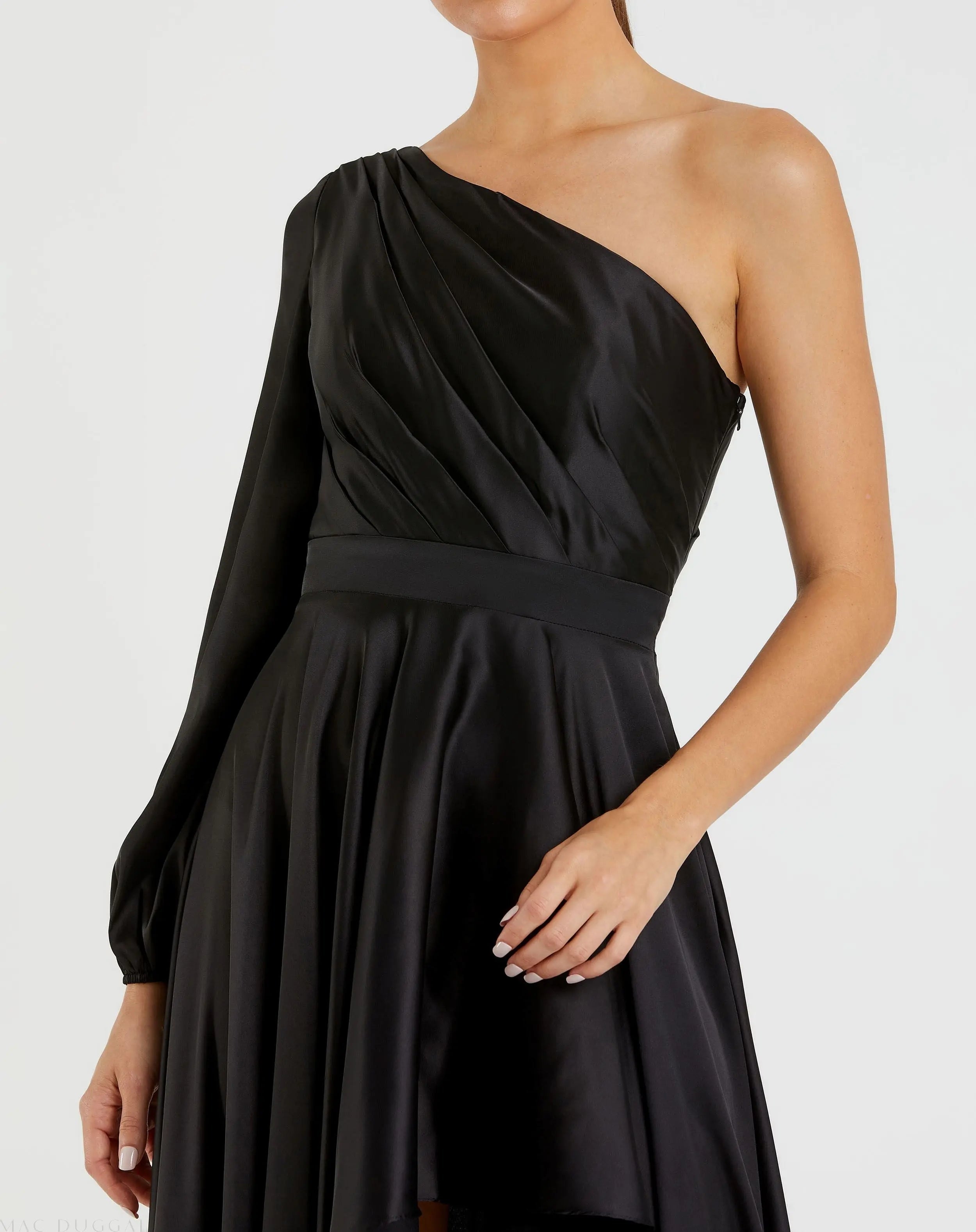 Black Long Sleeve One Shoulder Satin High Low A-line Gown - FINAL SALE