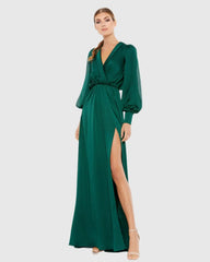 Green Bishop Sleeve Faux Wrap Gown