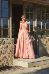 Pink Iridescent One Shoulder Rosette Ball Gown