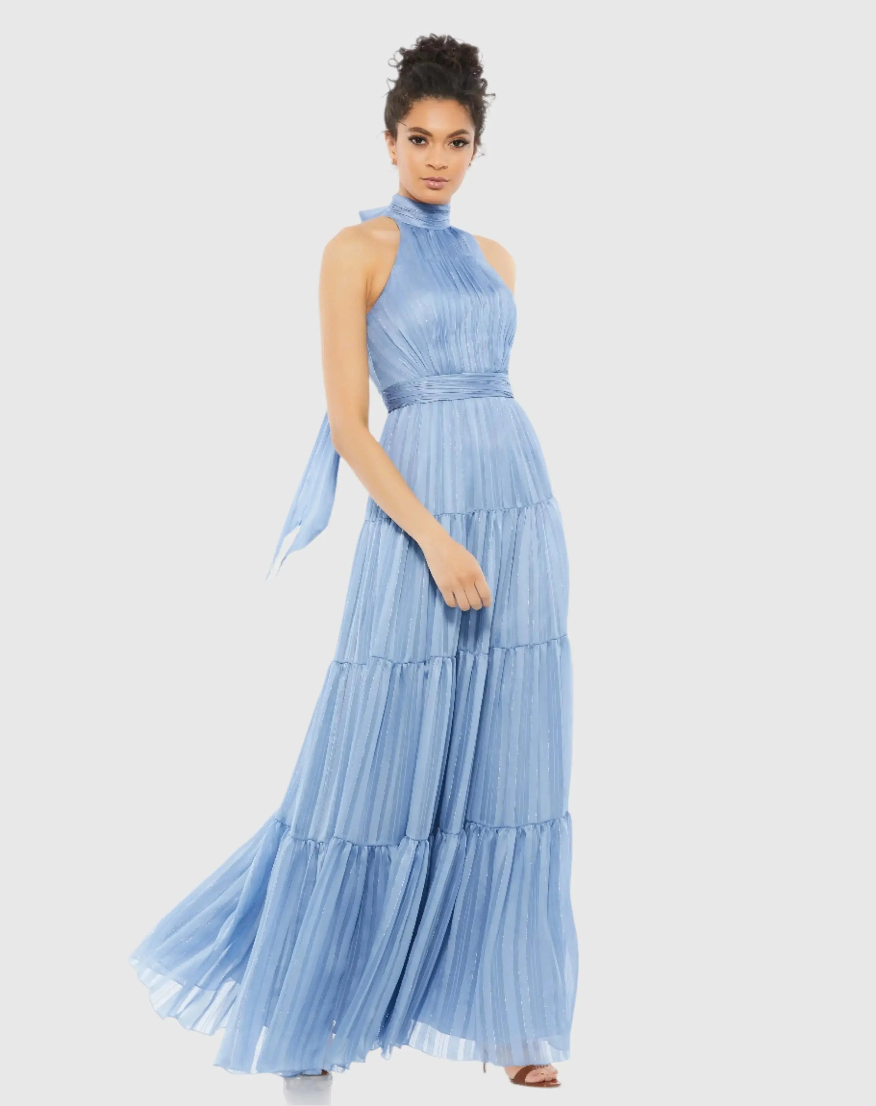 Tie Neck Tiered Halter Gown