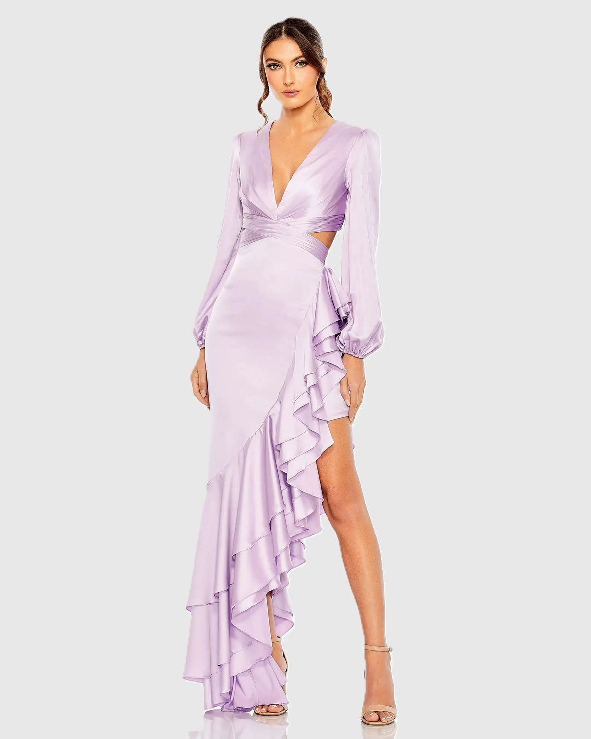 Cut Out Asymmetrical Ruffled Gown