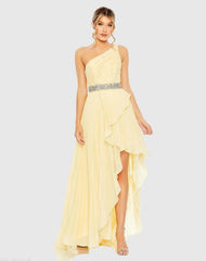 Pleated One Shoulder Asymmetrical Ruffle Hem Gown