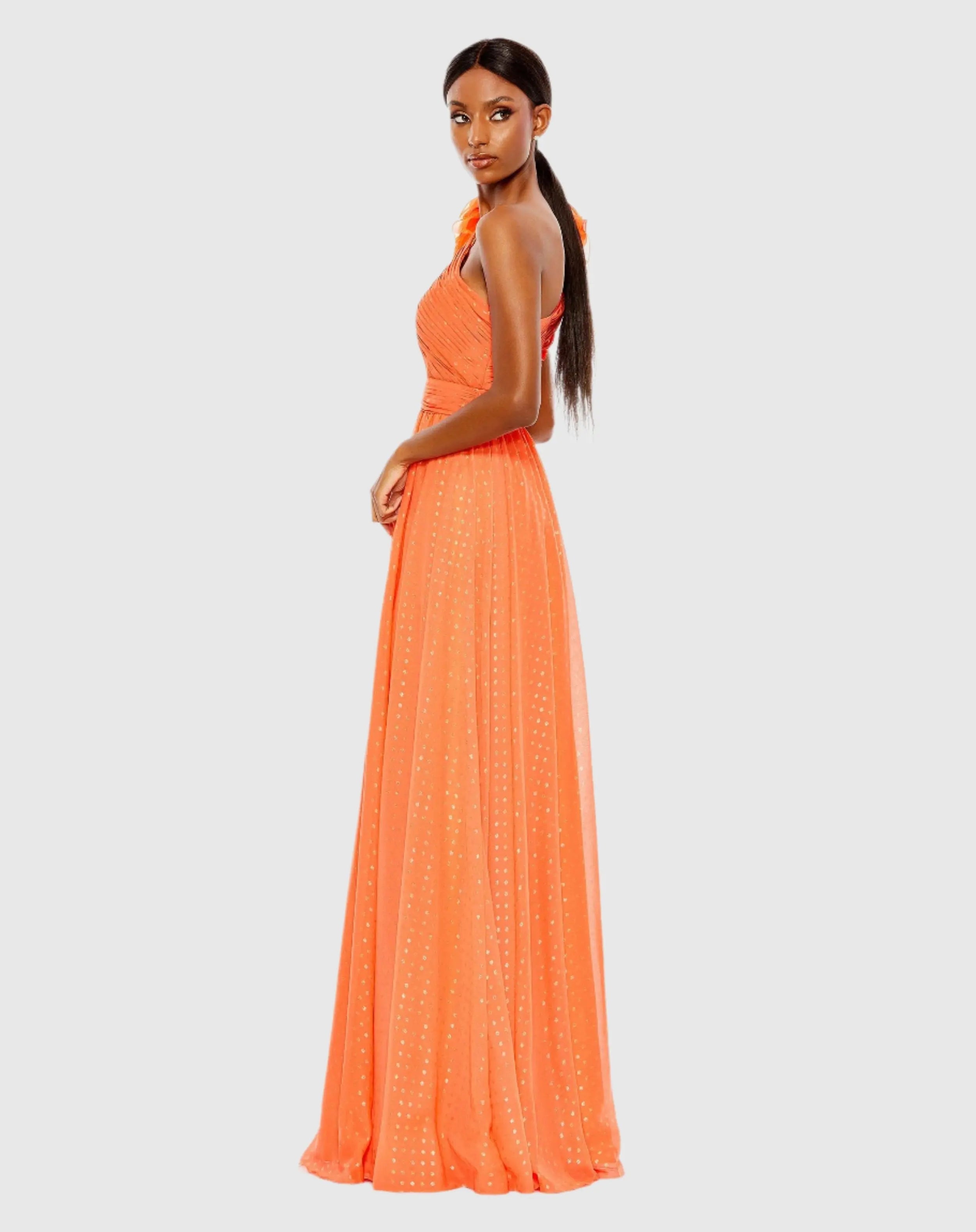 Orange Polka Dot Ruffled One Shoulder Gown