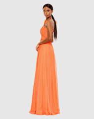 Orange Polka Dot Ruffled One Shoulder Gown