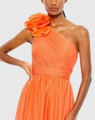 Orange Polka Dot Ruffled One Shoulder Gown