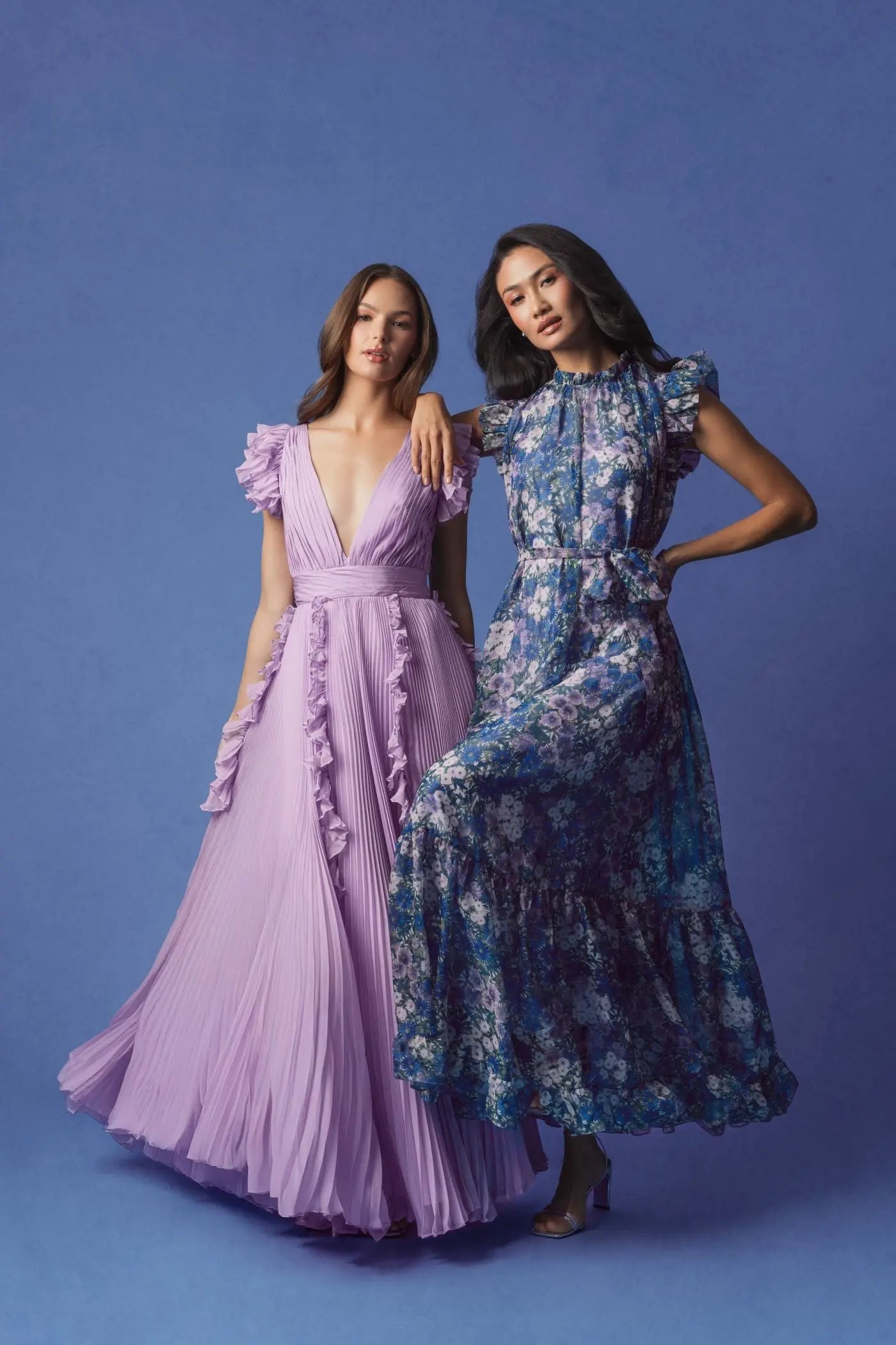 Purple Printed Chiffon Ruffle Sleeve Gown With Bow Belt