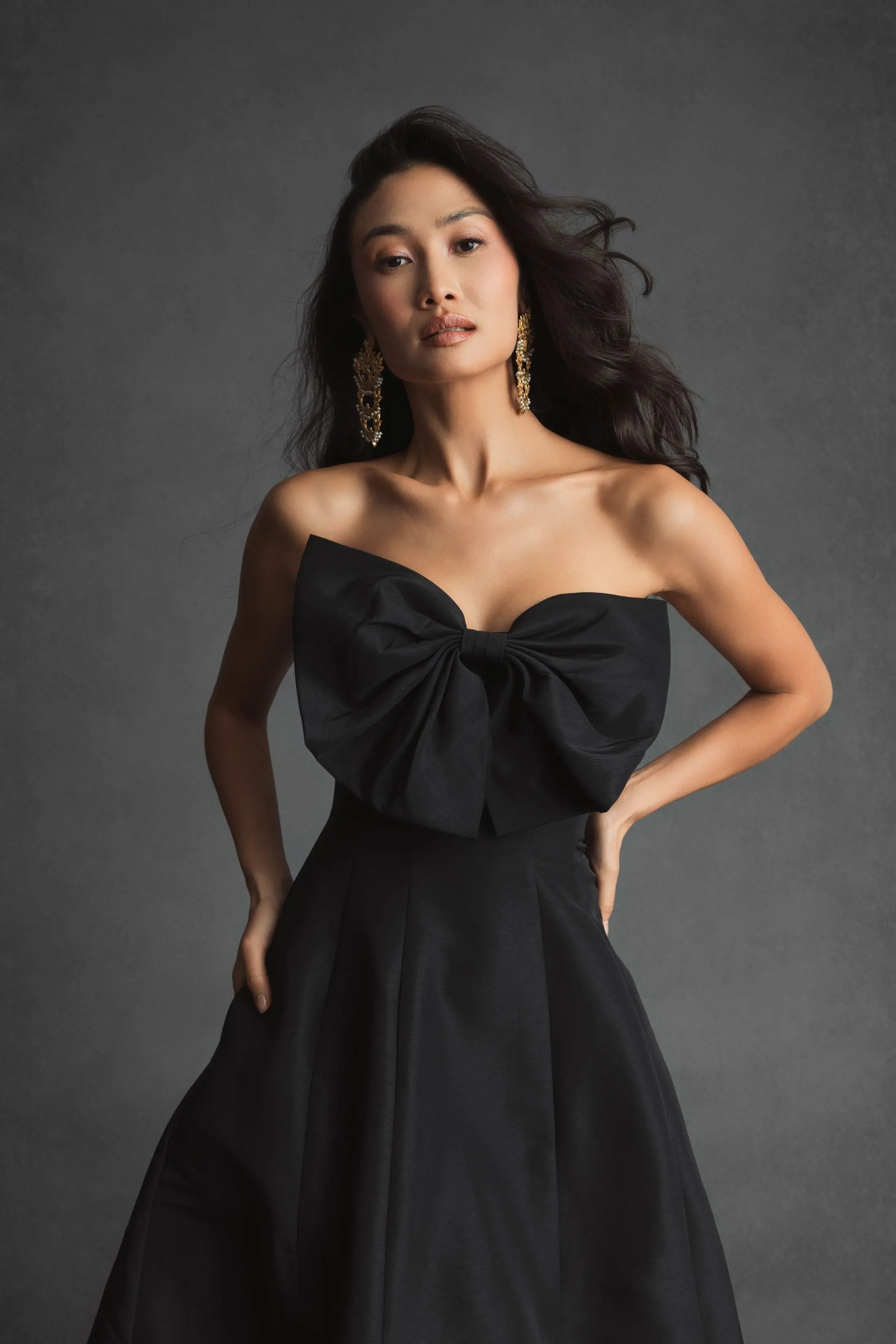 Black Strapless A-Line Tea Length Statement Bow Dress