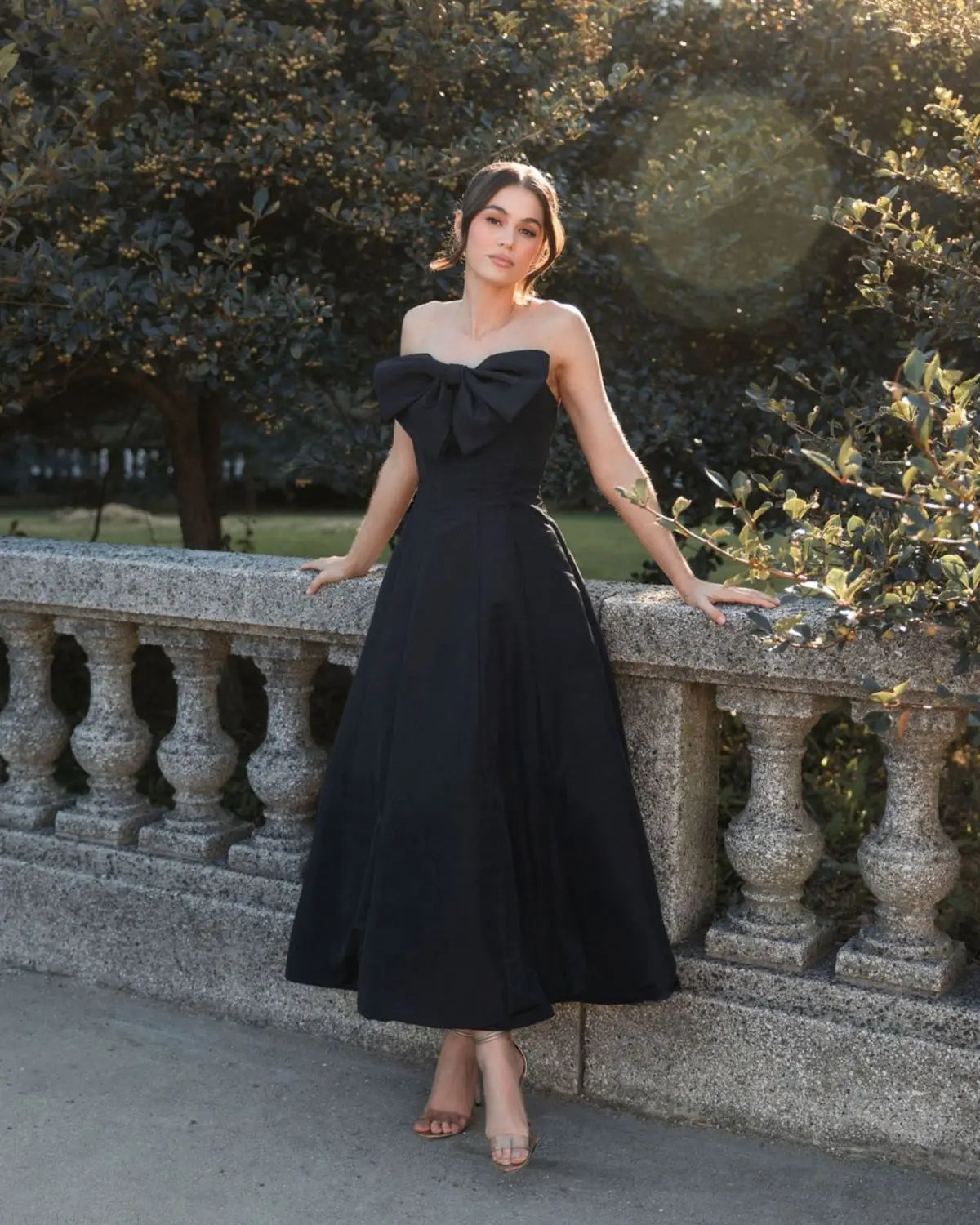 Black Strapless A-Line Tea Length Statement Bow Dress