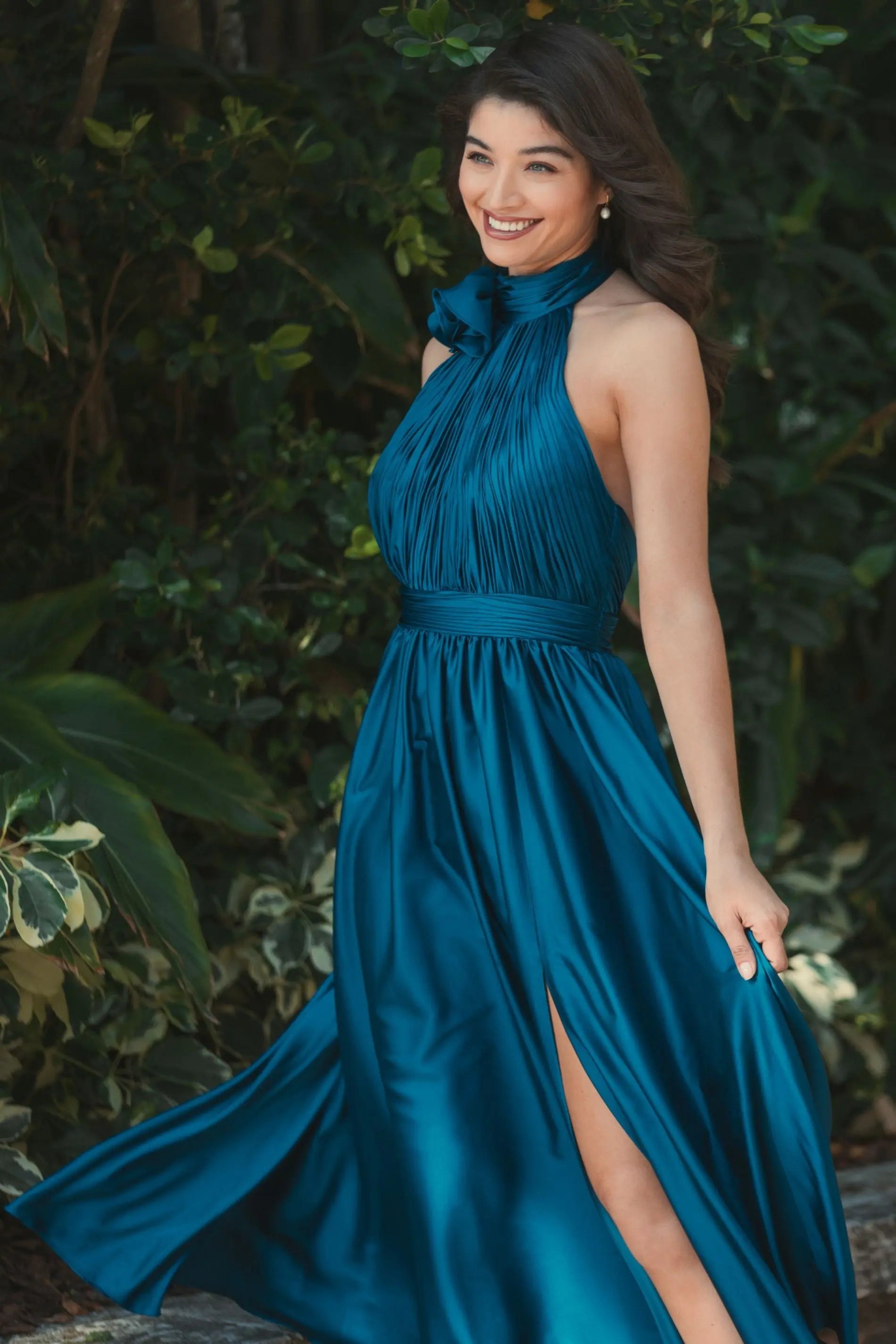 Teal Pleated Charmeuse High Neck Sleeveless Midi Dress