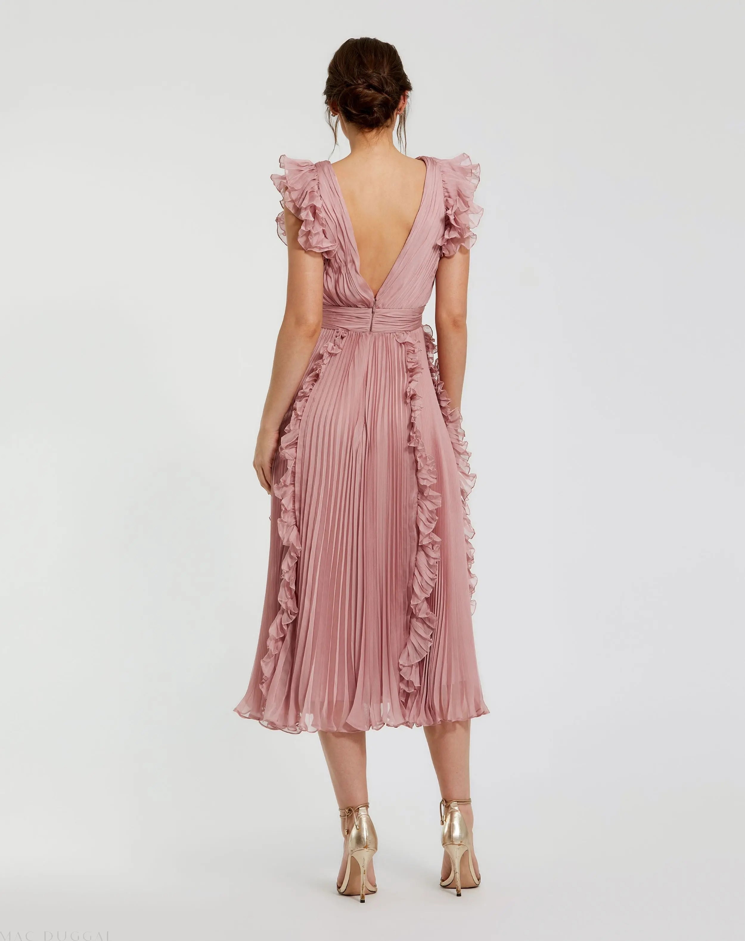 Pink Pleated Chiffon V Neck Ruffle Midi Dress