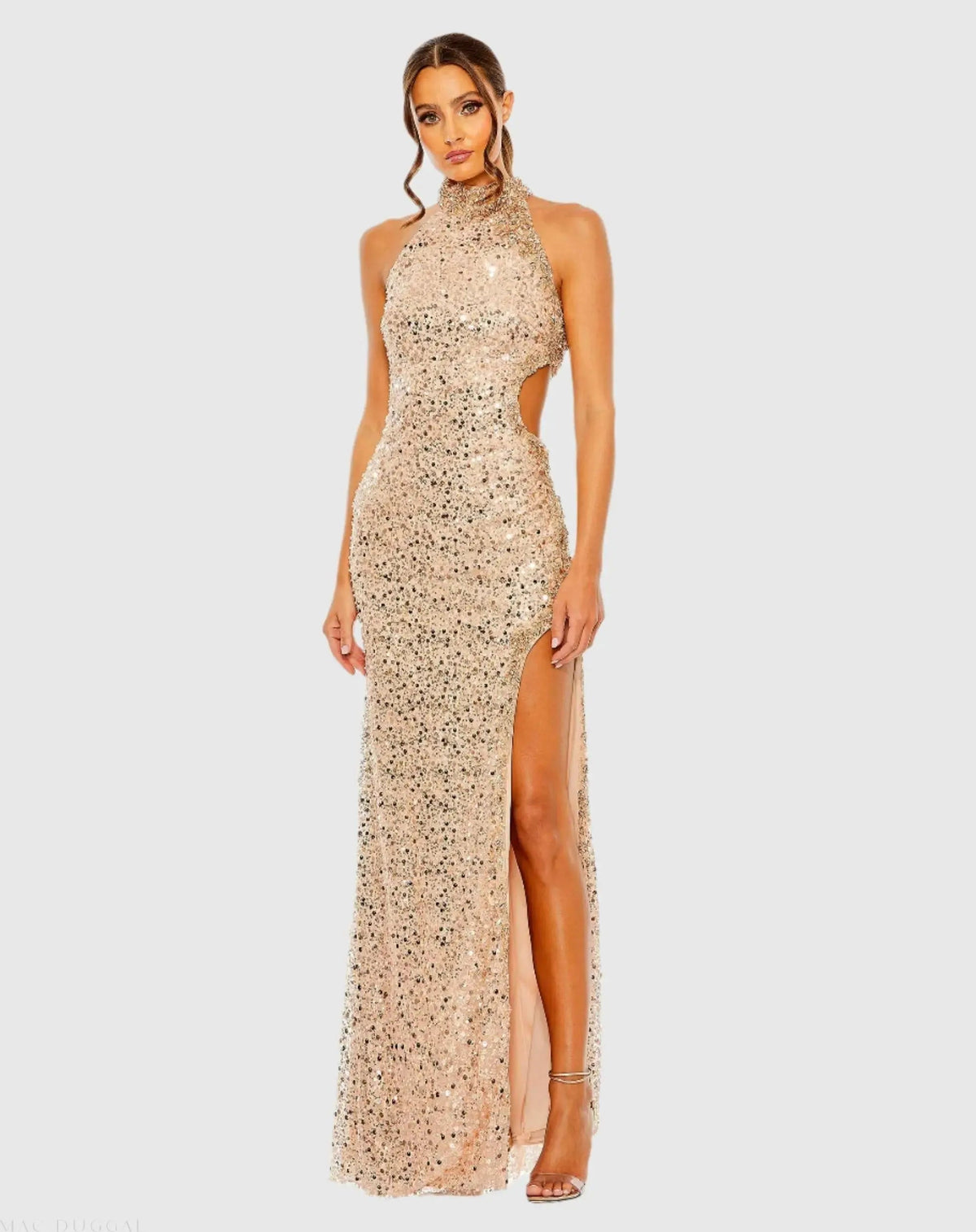 Gold Side Cut Out High Neck Sequin Gown