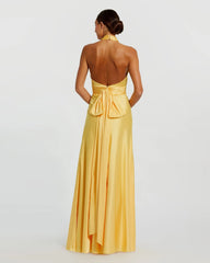 Yellow Ruched Halter Neck Tie Back Satin Gown