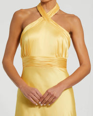 Yellow Ruched Halter Neck Tie Back Satin Gown
