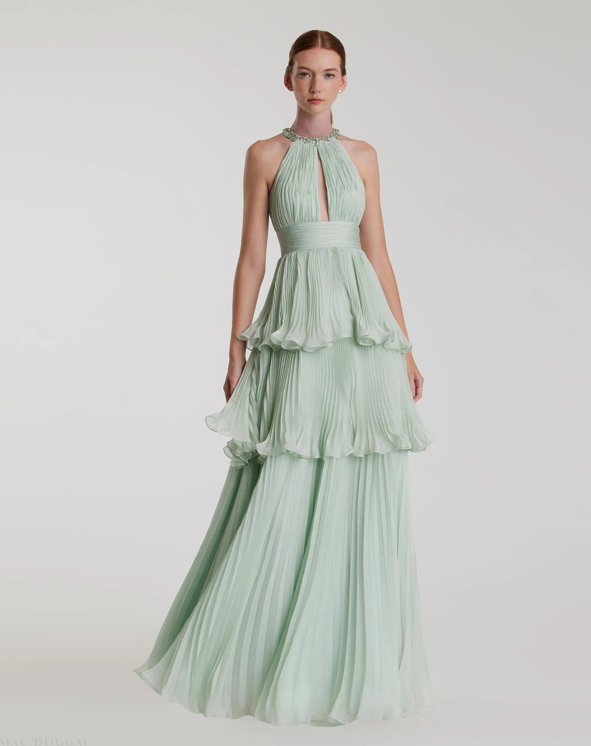 Green High Neck Chiffon Tiered Gown with Cut Out