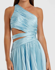 Blue One Shoulder Pleated Charmeuse High Low Gown