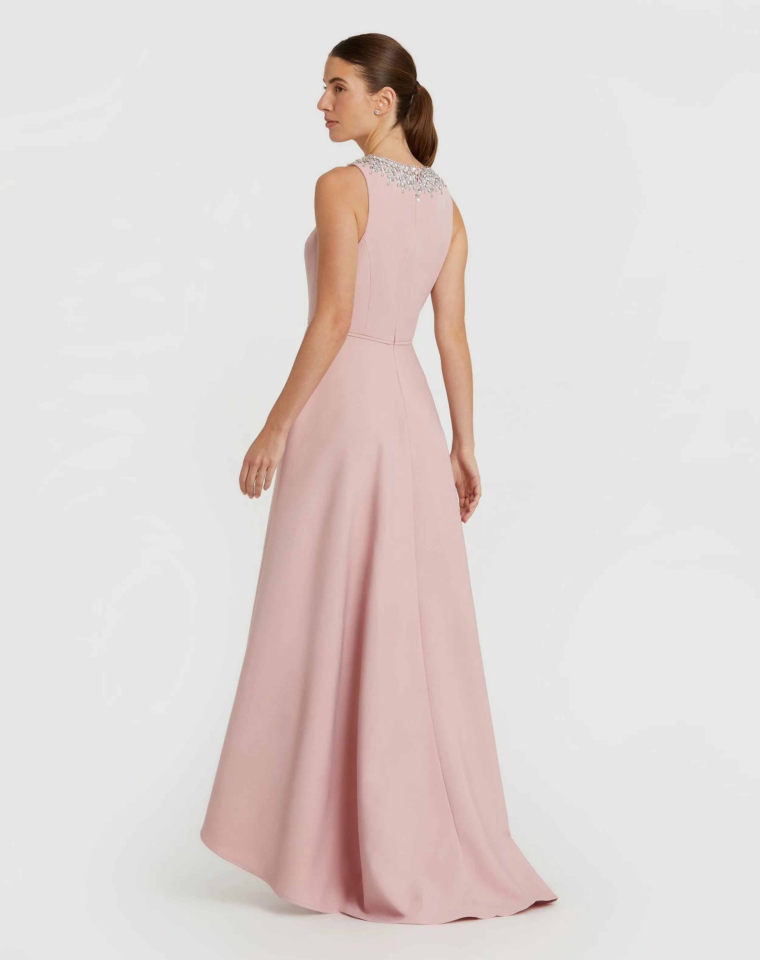 Blush Crepe Embellished Neck High Low Gown
