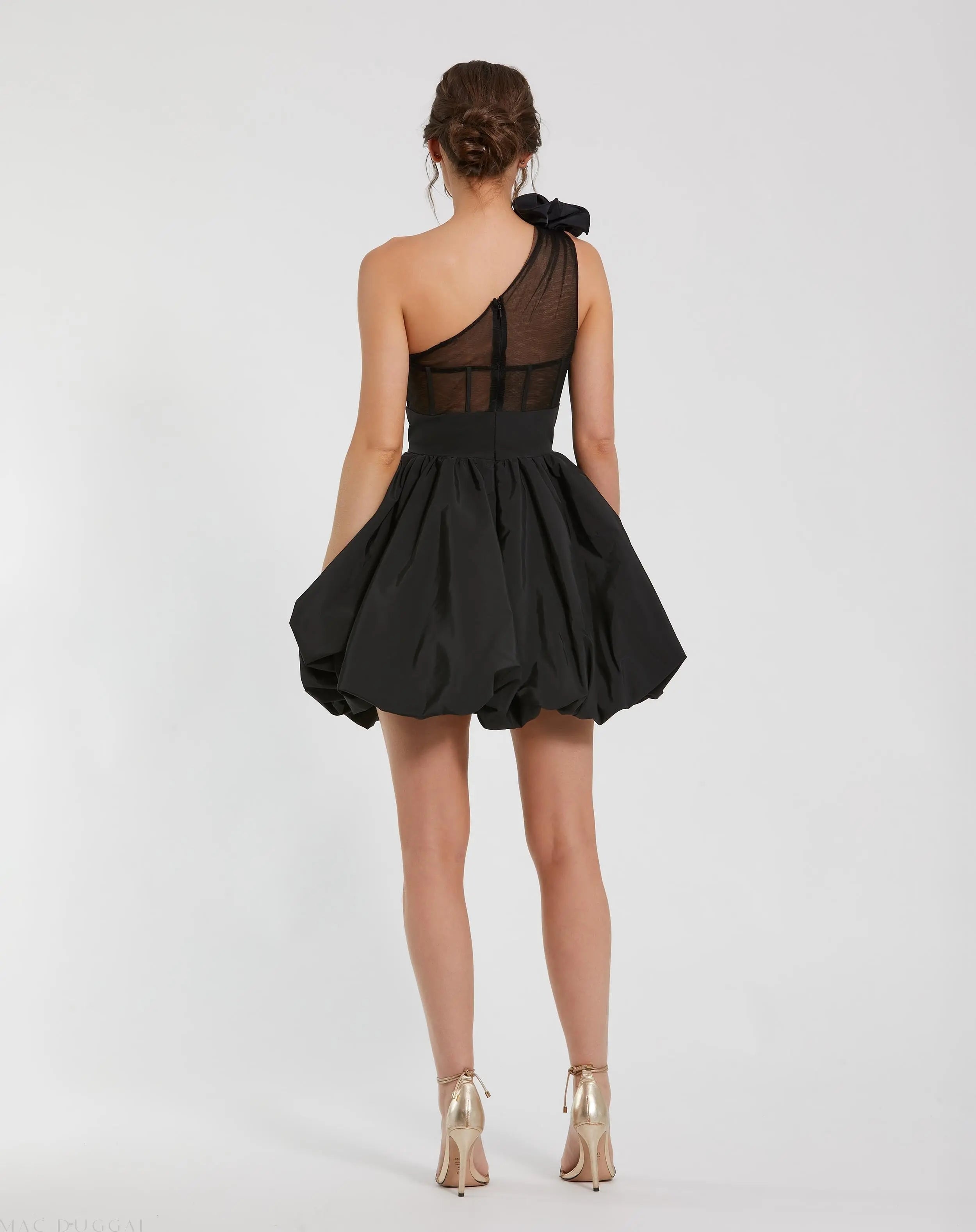 Black Taffeta One Shoulder Ruffle Bubble Mini Dress