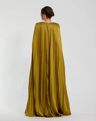 Green Pleated Charmeuse V Neck Gown With Cape