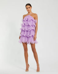 Purple Crinkle Chiffon Tiered Ruffle Mini Dress