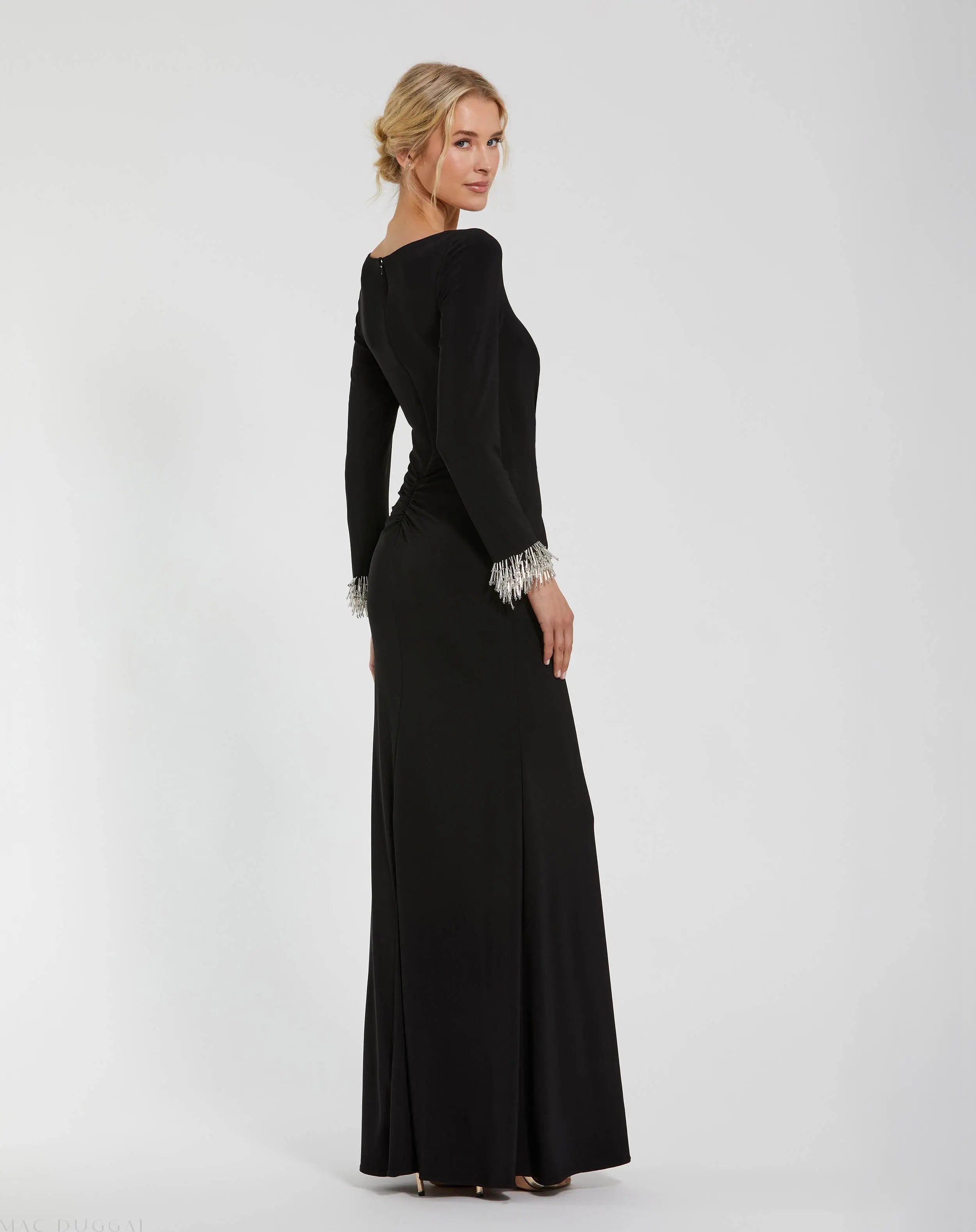Black Long Sleeve Jersey Gown With Beaded Cuff Sleeves