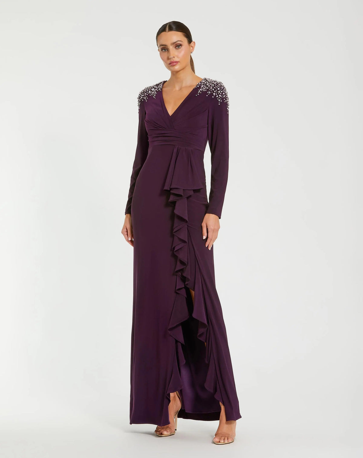 Purple Long Sleeve Gown with Cascading Ruffle & Rhinestone Shoulders