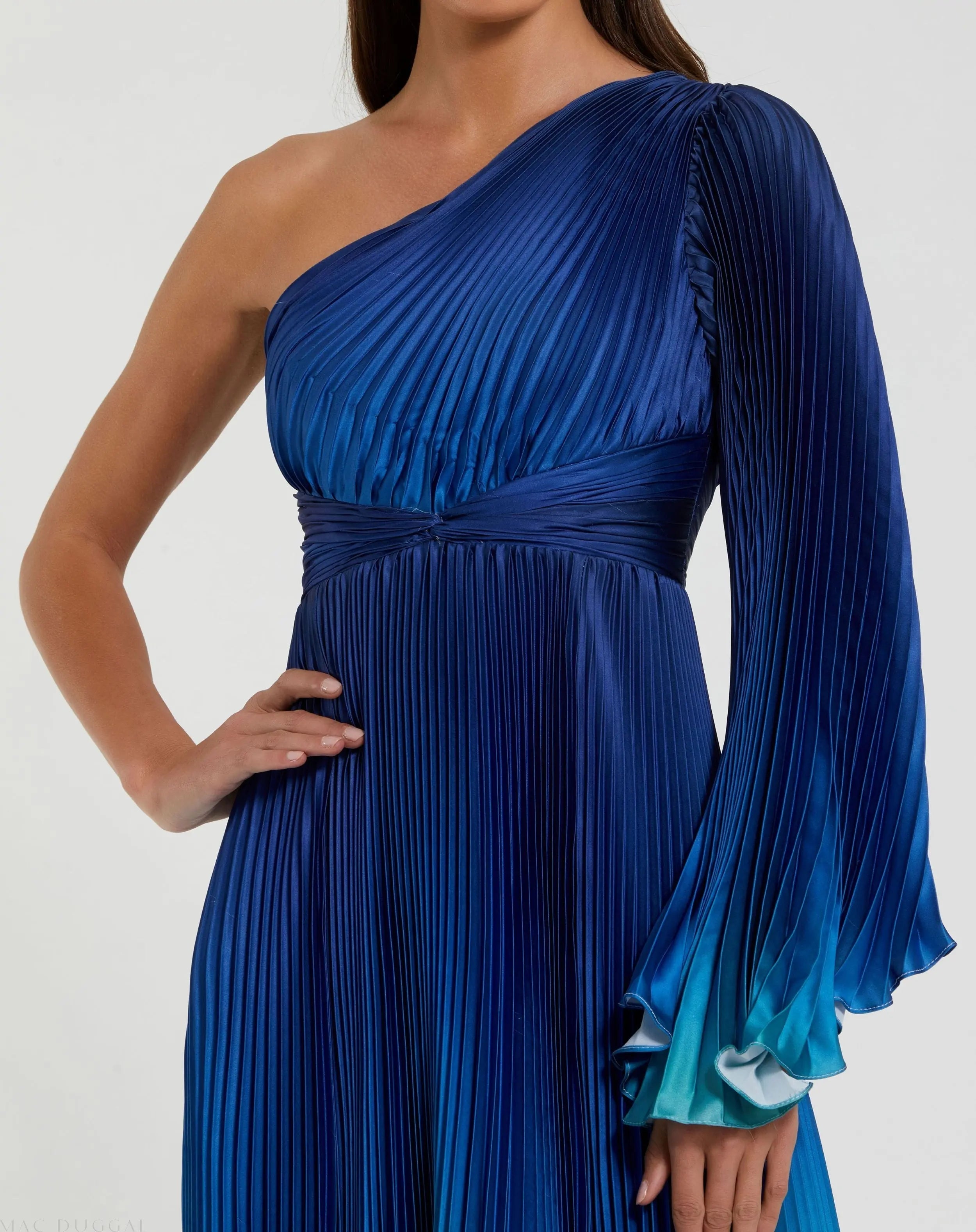 Blue Ombre Pleated Charmeuse One-Shoulder Gown
