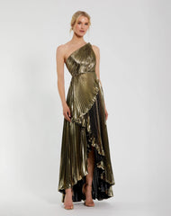 Gold Pleated Metallic One Shoulder High Low Gown