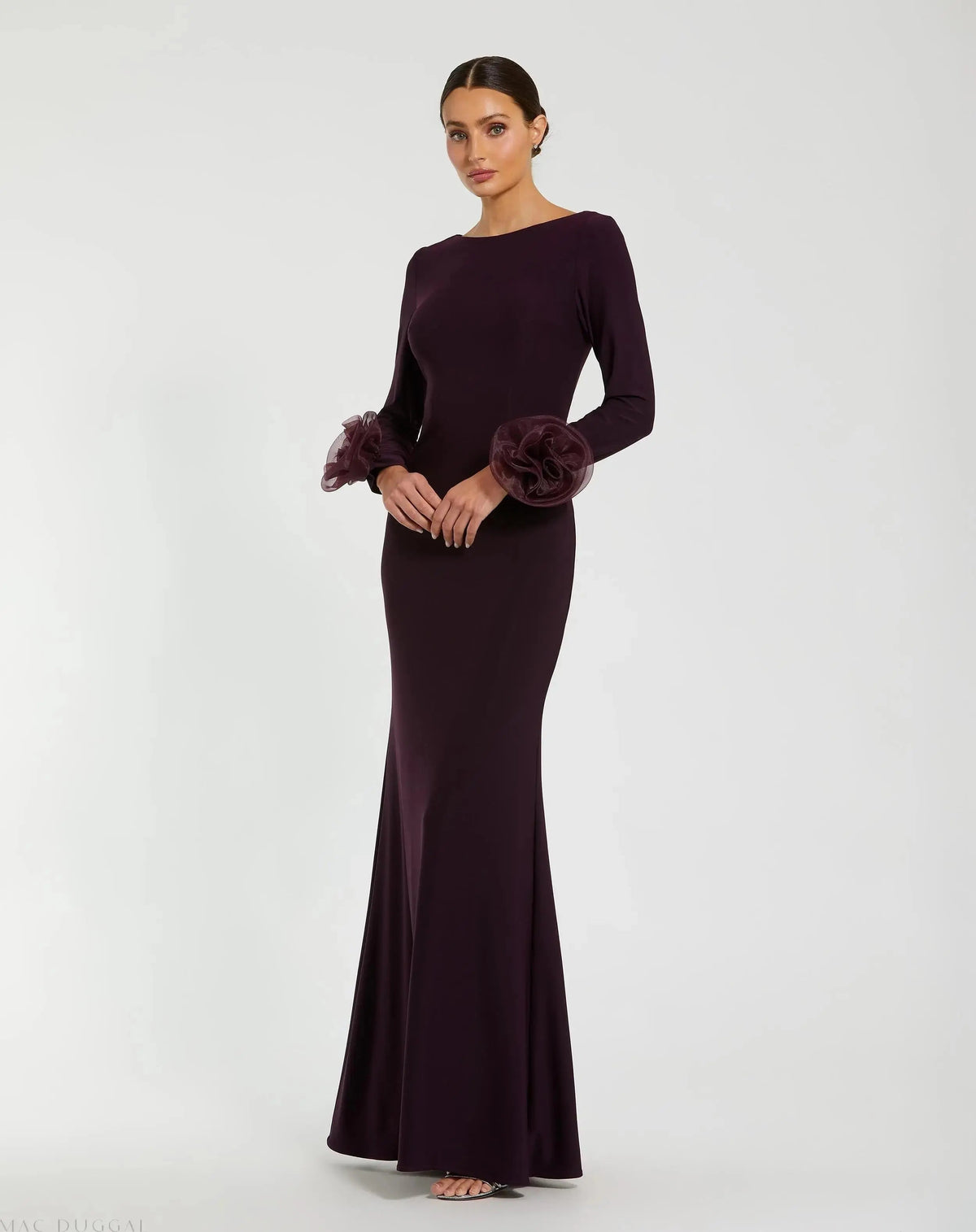 Purple Long Sleeve Fitted Jersey Gown With 3D Flowers