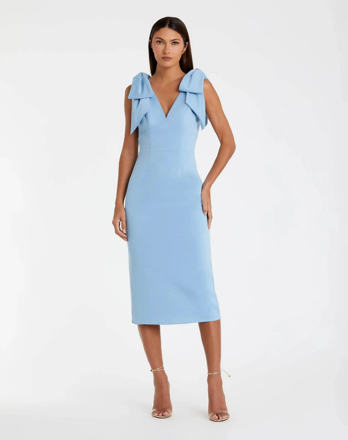 Blue Bow Strap Crepe Fitted Midi Dress