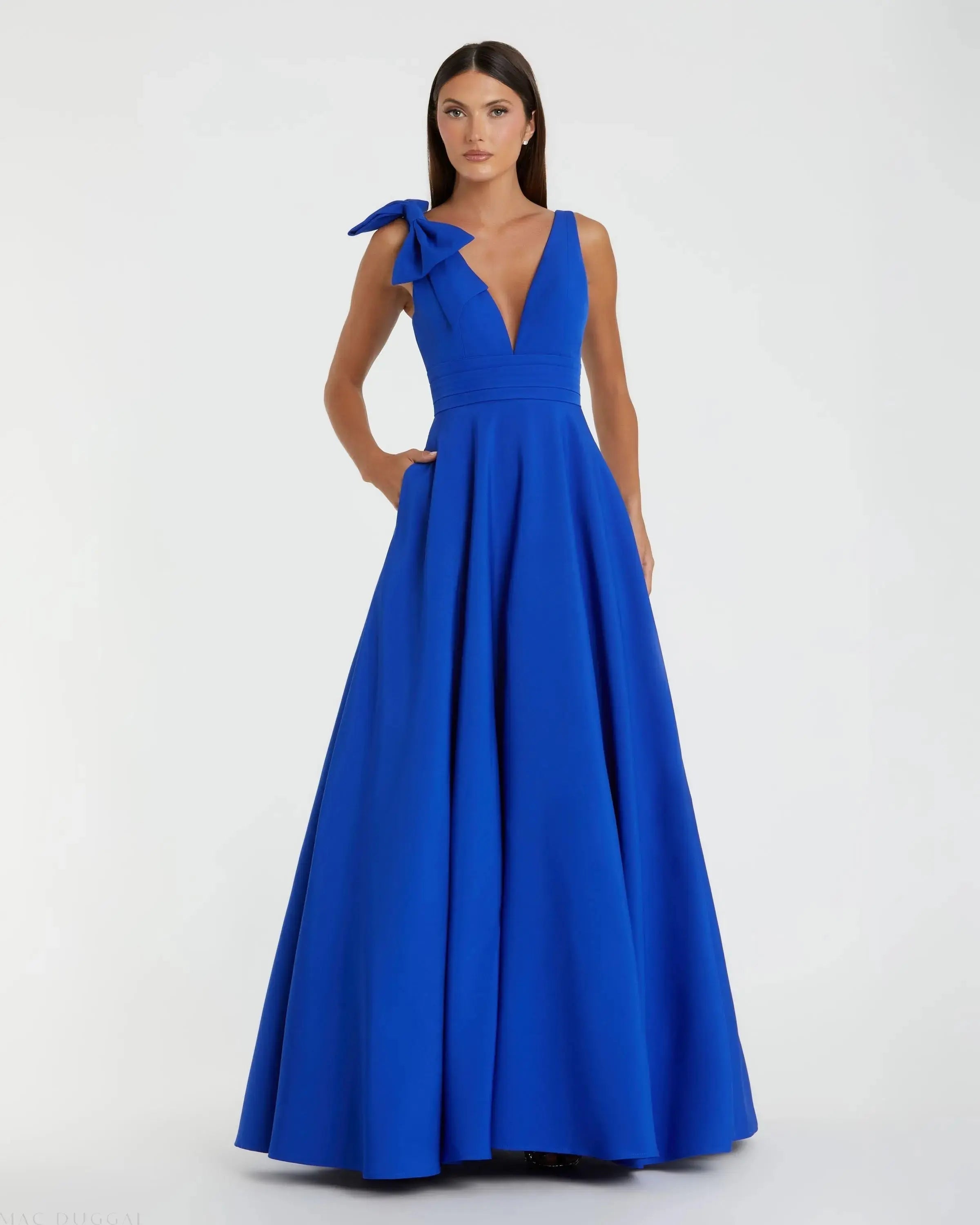 Sleeveless Plunge Neck Crepe Ballgown With Bow Detail