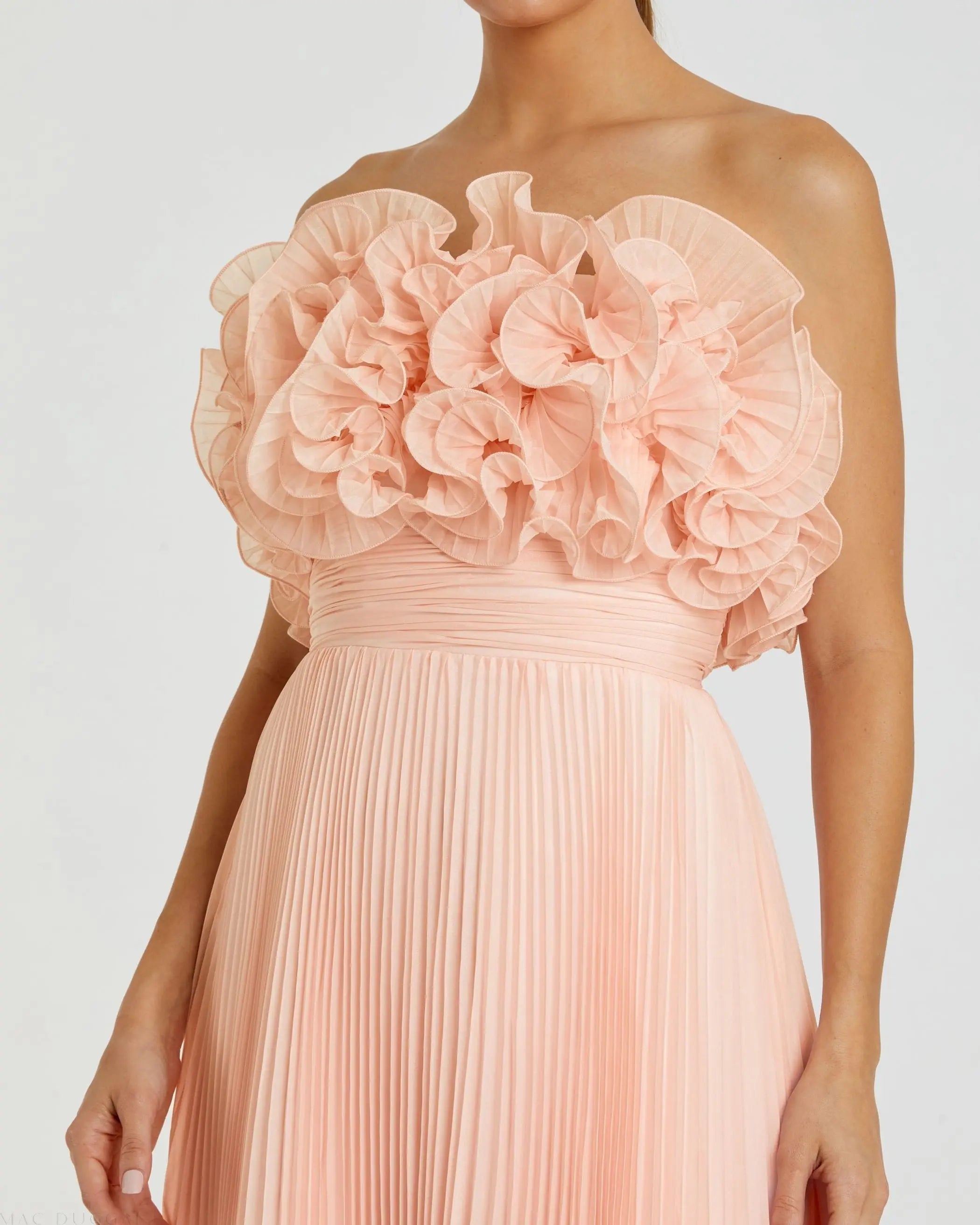 Pink Pleated Chiffon Strapless Gown With Ruffles