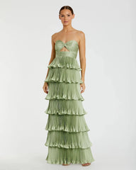 Pleated Charmeuse Strapless Tiered Ruffle Gown