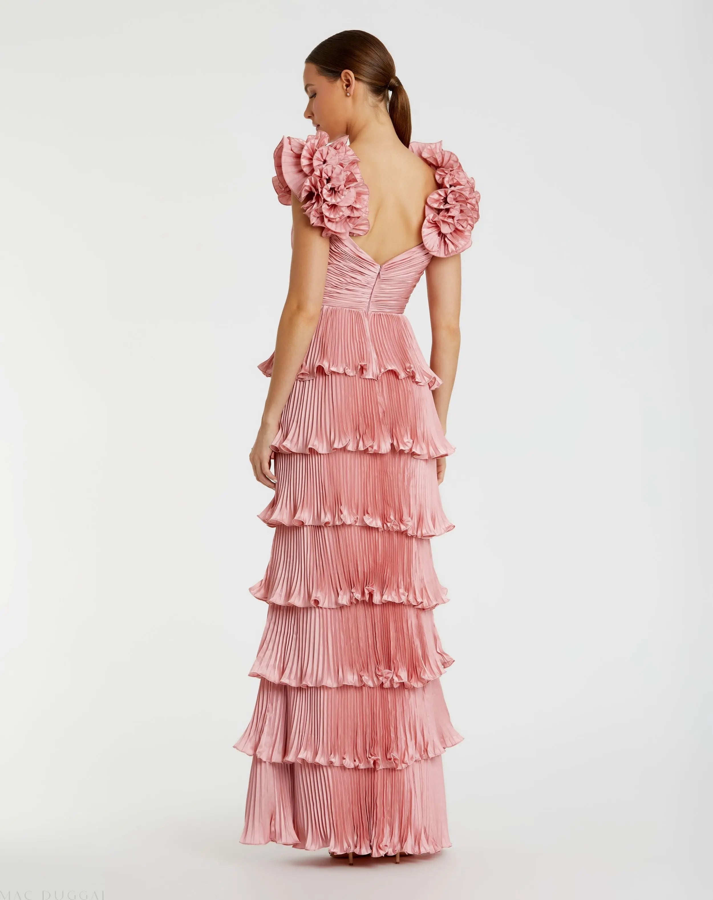 Pink Pleated Charmeuse Tiered Gown With Ruffle Straps
