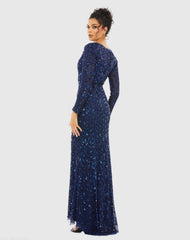 Navy Embellished Front Slit Long Sleeve Gown