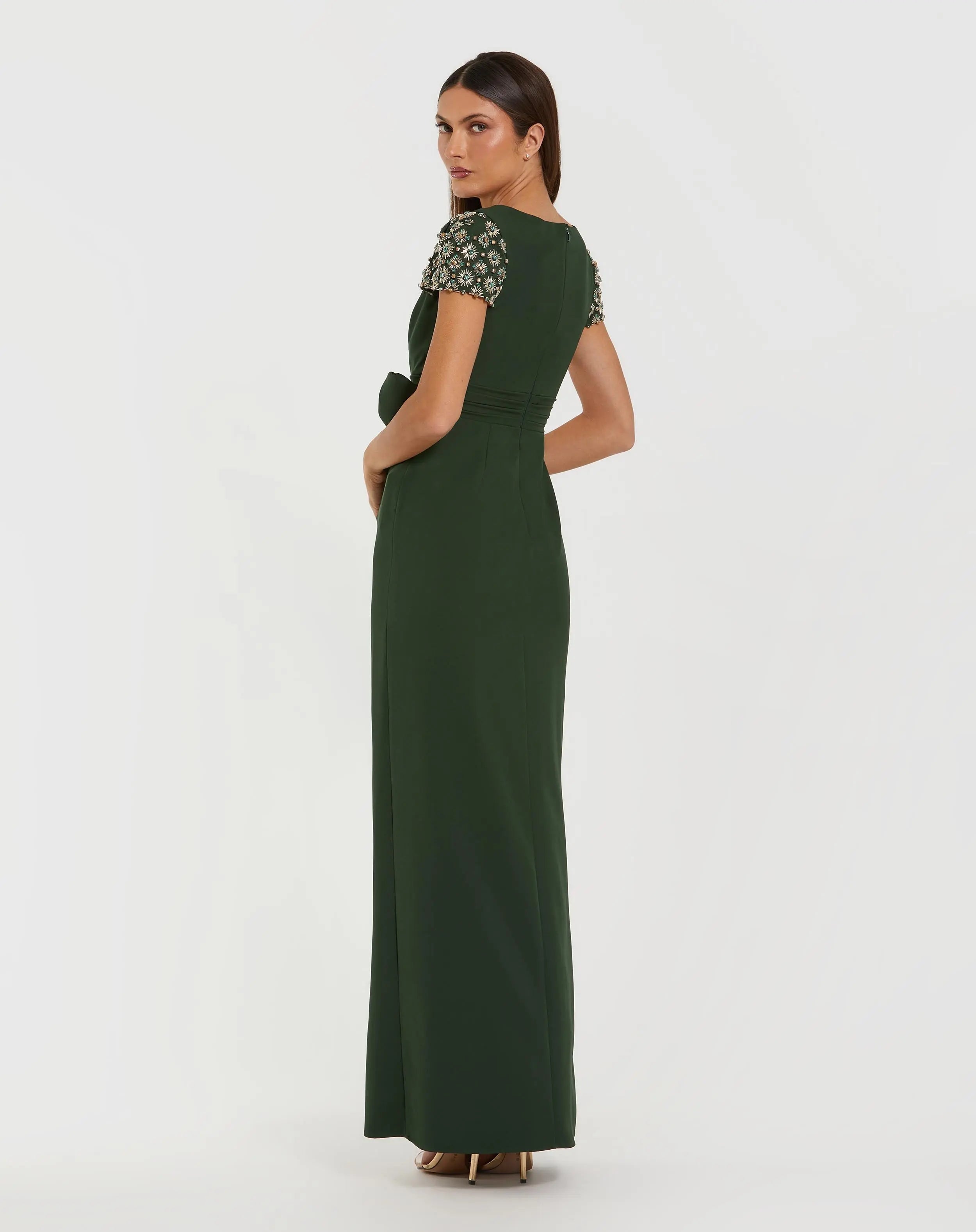 Dark Green Beaded Cap Sleeve Crepe Gown With Bow and Slit