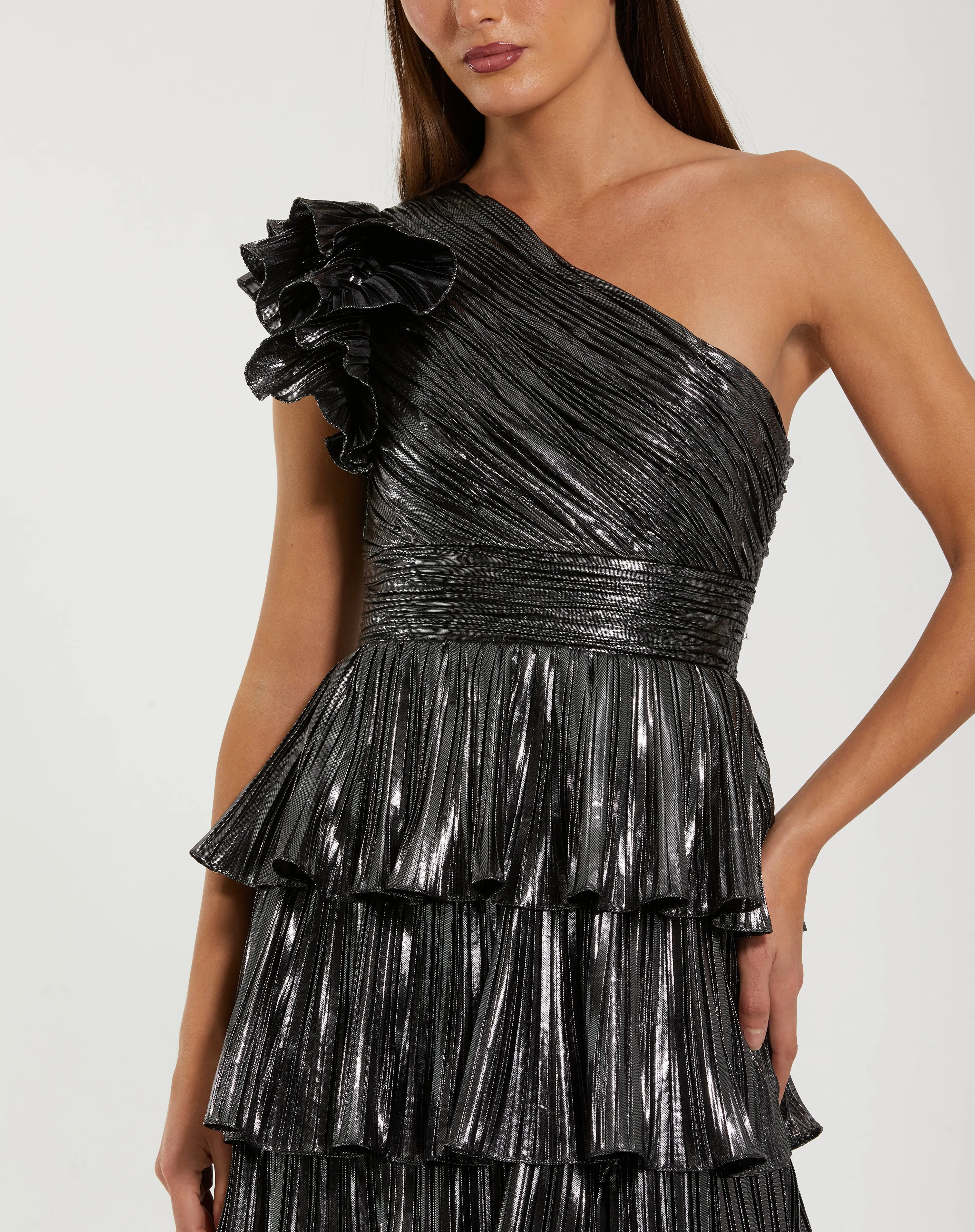 Dark Gray Pleated Metallic Ruffled One Shoulder Gown