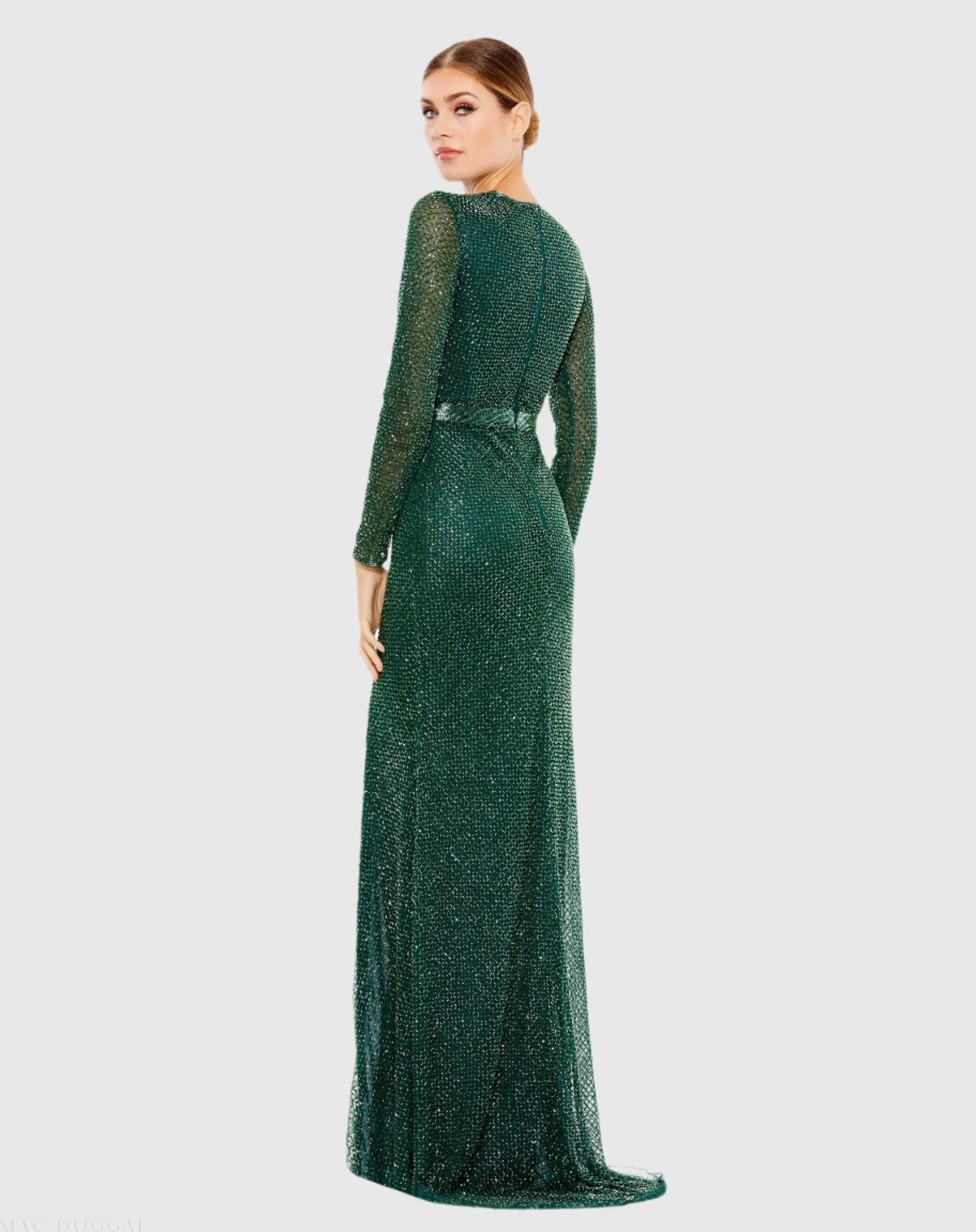Green Beaded High Neck Long Sleeve Gown With Detailed Belt