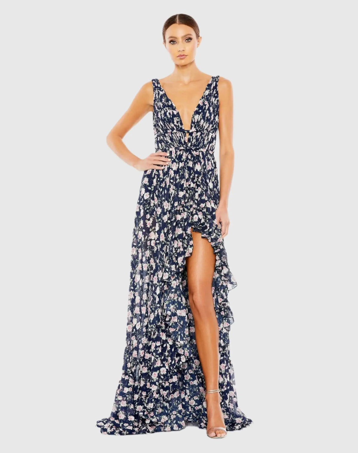 Navy Multicolor Floral Print Sleeveless Ruffled High-Low Gown