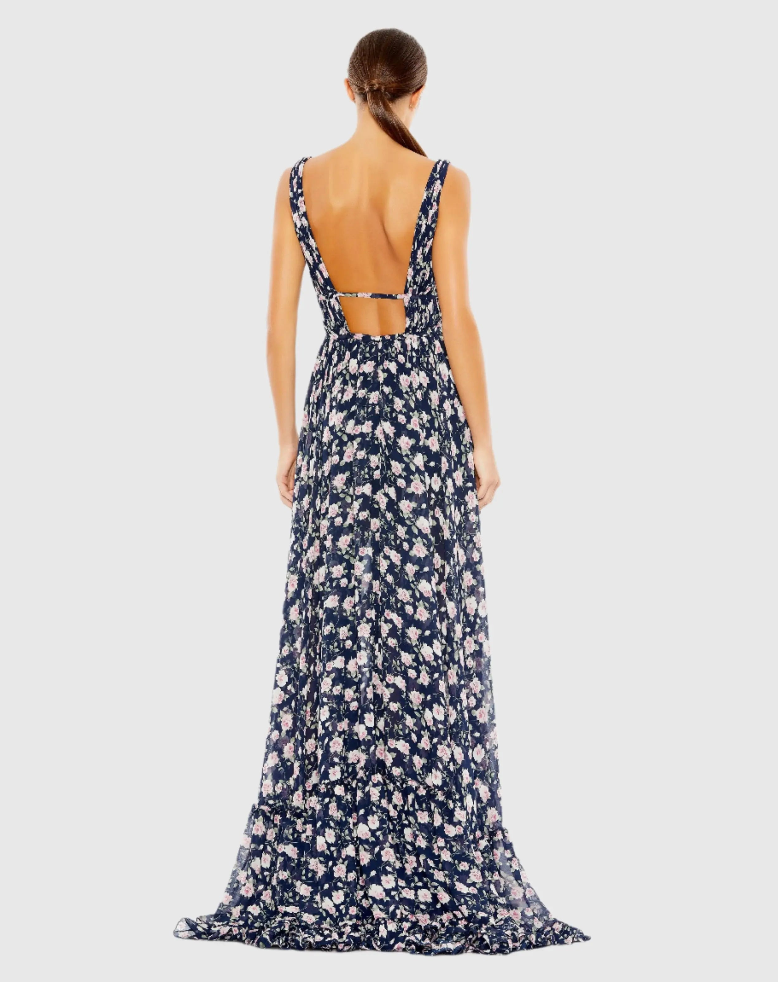 Navy Multicolor Floral Print Sleeveless Ruffled High-Low Gown