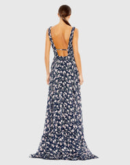 Navy Multicolor Floral Print Sleeveless Ruffled High-Low Gown