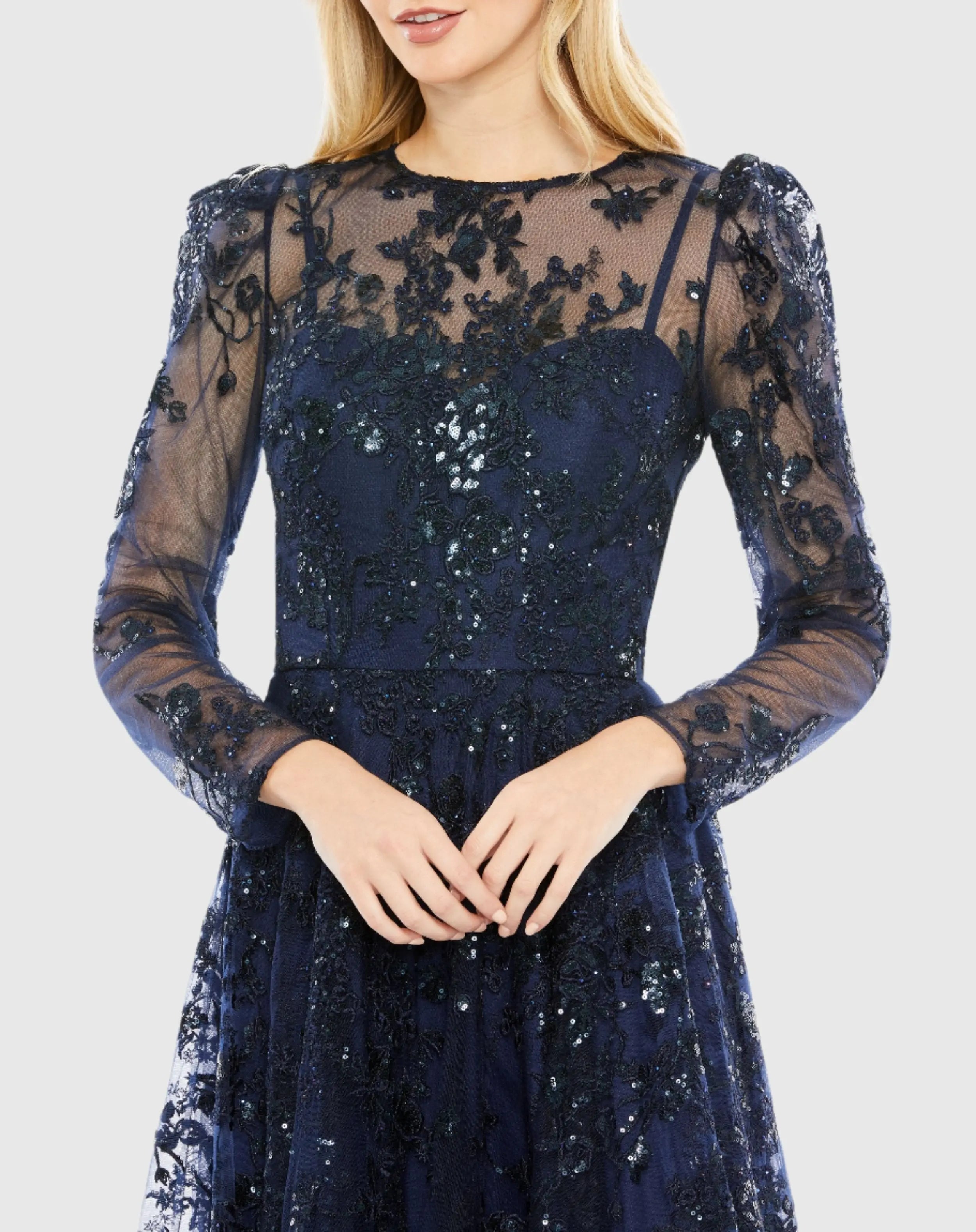 Navy Embroidered Illusion High Neck A Line Dress