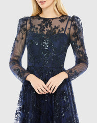 Navy Embroidered Illusion High Neck A Line Dress