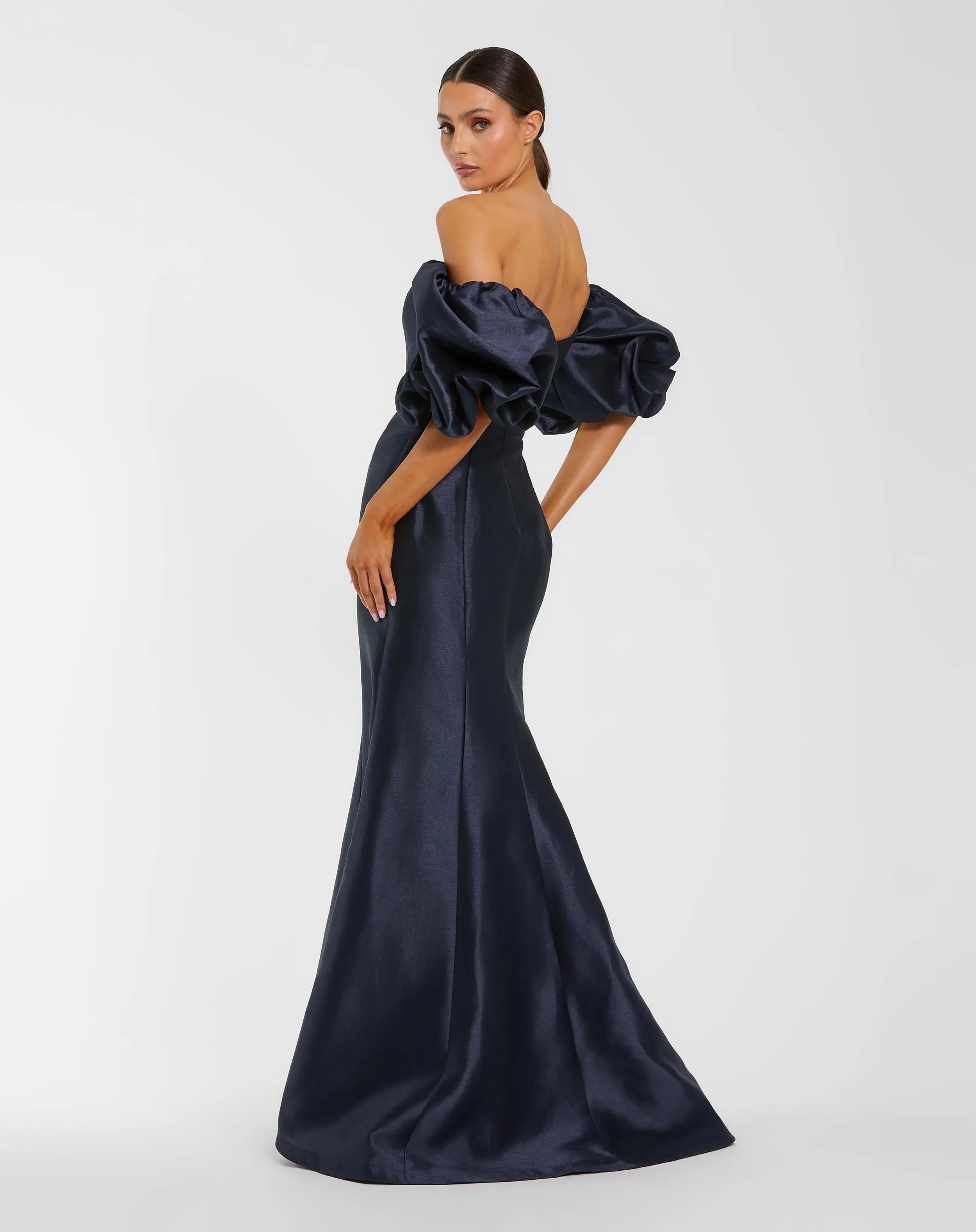 Navy Sweetheart Off The Shoulder Puff Sleeve Gown