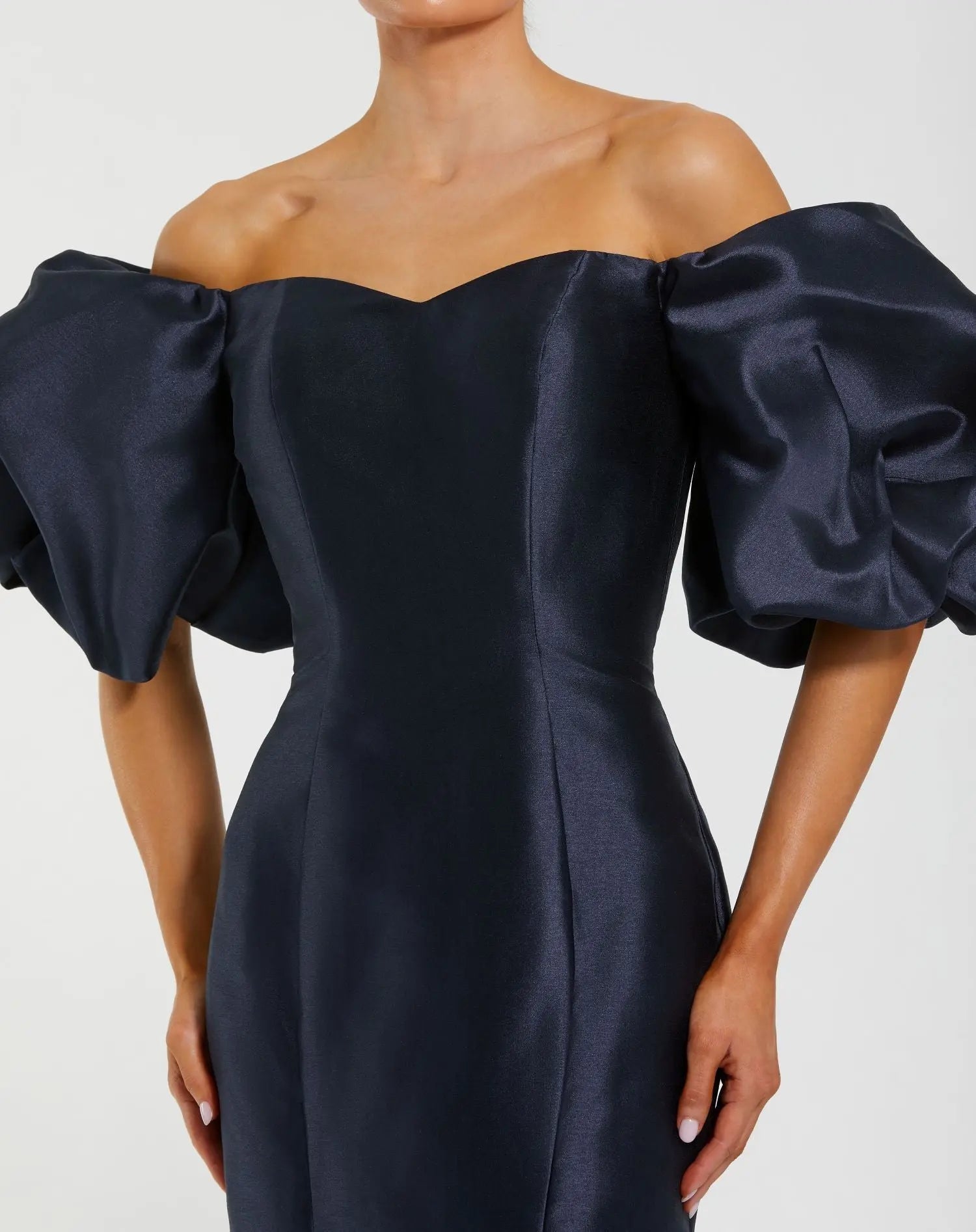 Navy Sweetheart Off The Shoulder Puff Sleeve Gown